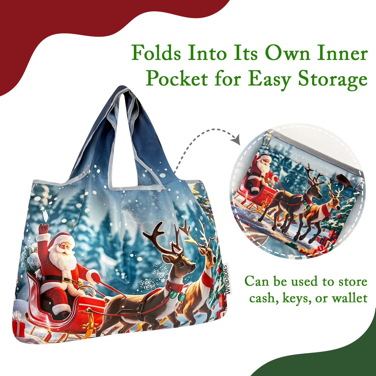 Wrapables Large Foldable Christmas Holiday Nylon Reusable Grocery Bag