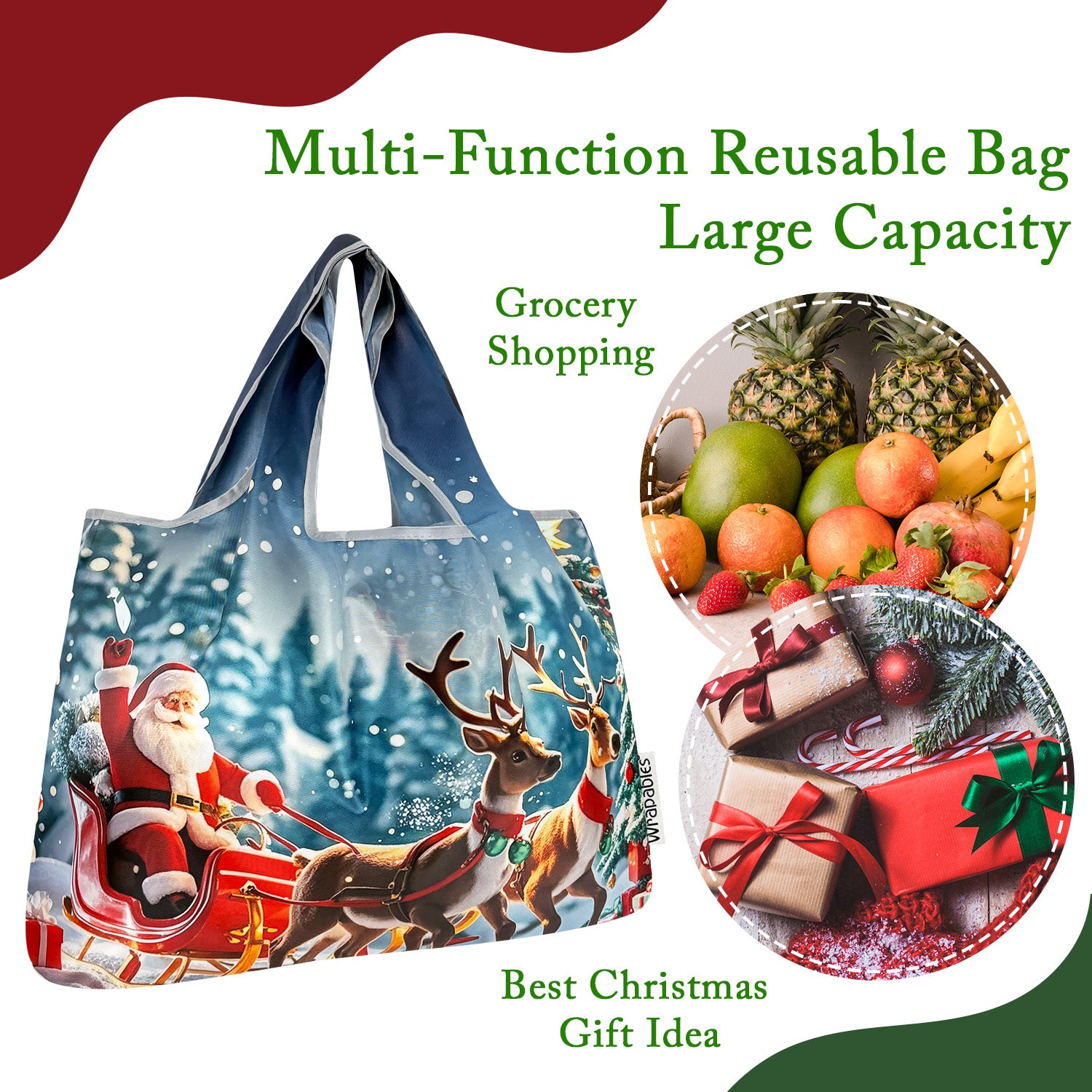 Wrapables Large Foldable Christmas Holiday Nylon Reusable Grocery Bag