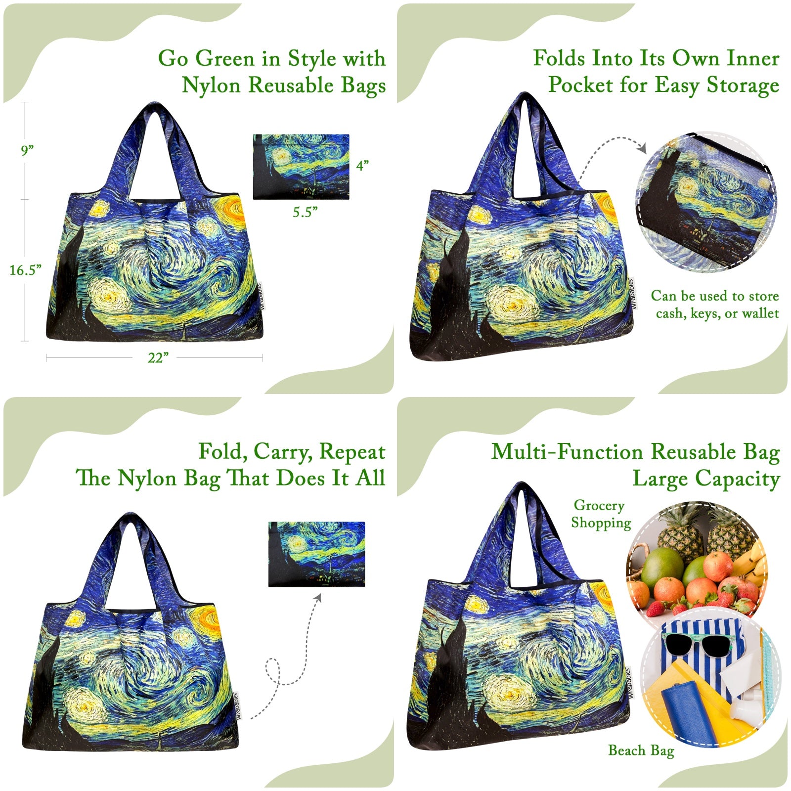 Wrapables Large Foldable Oil Painting Nylon Reusable Grocery Bag