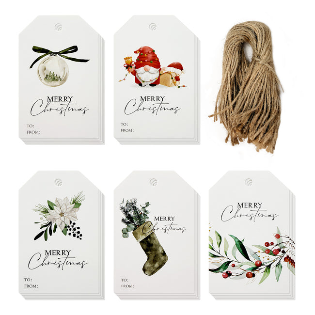 Wrapables Joyful Merry Christmas Holiday Gift Tags with Jute String for Gift-Wrapping, Labeling, Package Decoration (100pcs)