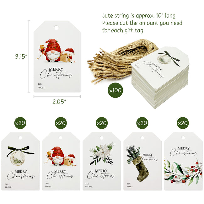 Wrapables Joyful Merry Christmas Holiday Gift Tags with Jute String for Gift-Wrapping, Labeling, Package Decoration (100pcs)