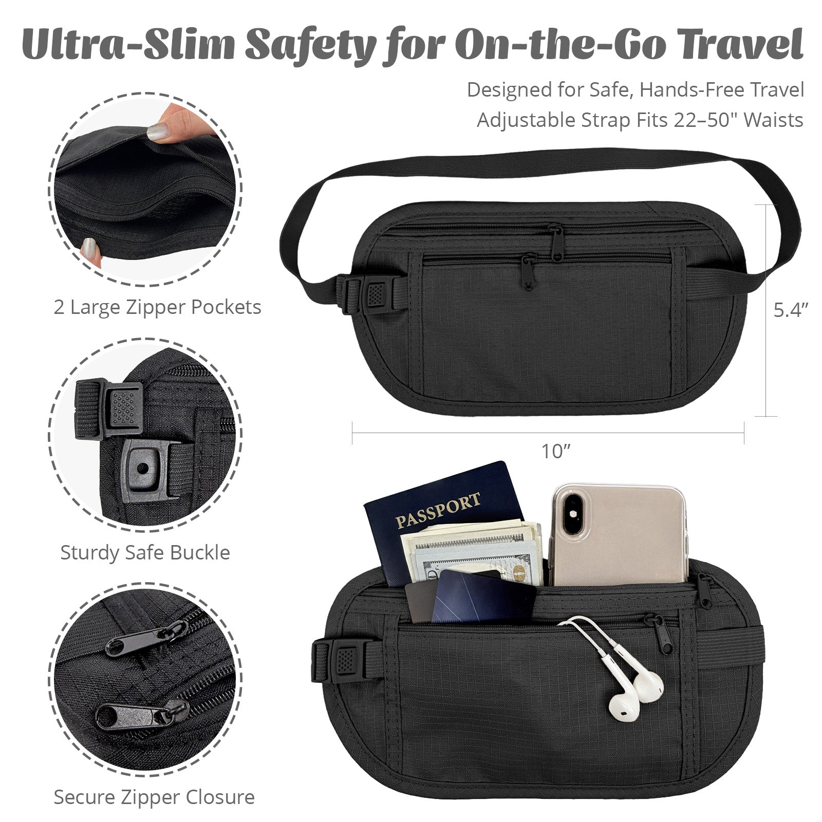 Wrapables Slim Fanny Pack, Hidden Money Belt, Secure Travel Pouch Protects Cash, Cards, Passport, Travel Documents, and Smartphone