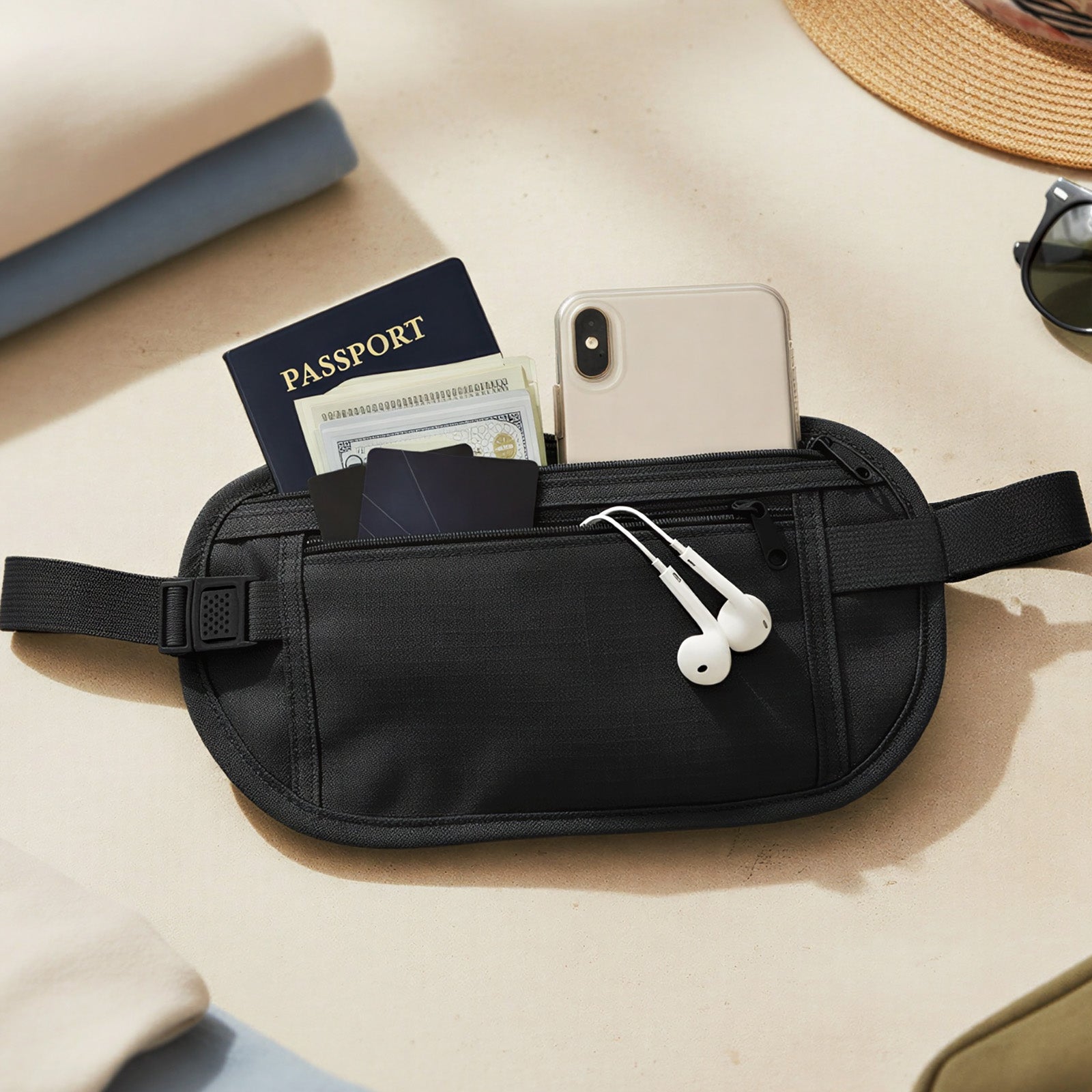 Wrapables Slim Fanny Pack, Hidden Money Belt, Secure Travel Pouch Protects Cash, Cards, Passport, Travel Documents, and Smartphone