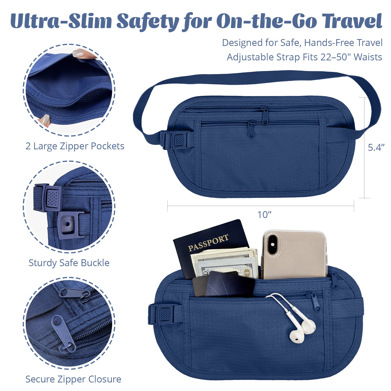 Wrapables Slim Fanny Pack, Hidden Money Belt, Secure Travel Pouch Protects Cash, Cards, Passport, Travel Documents, and Smartphone