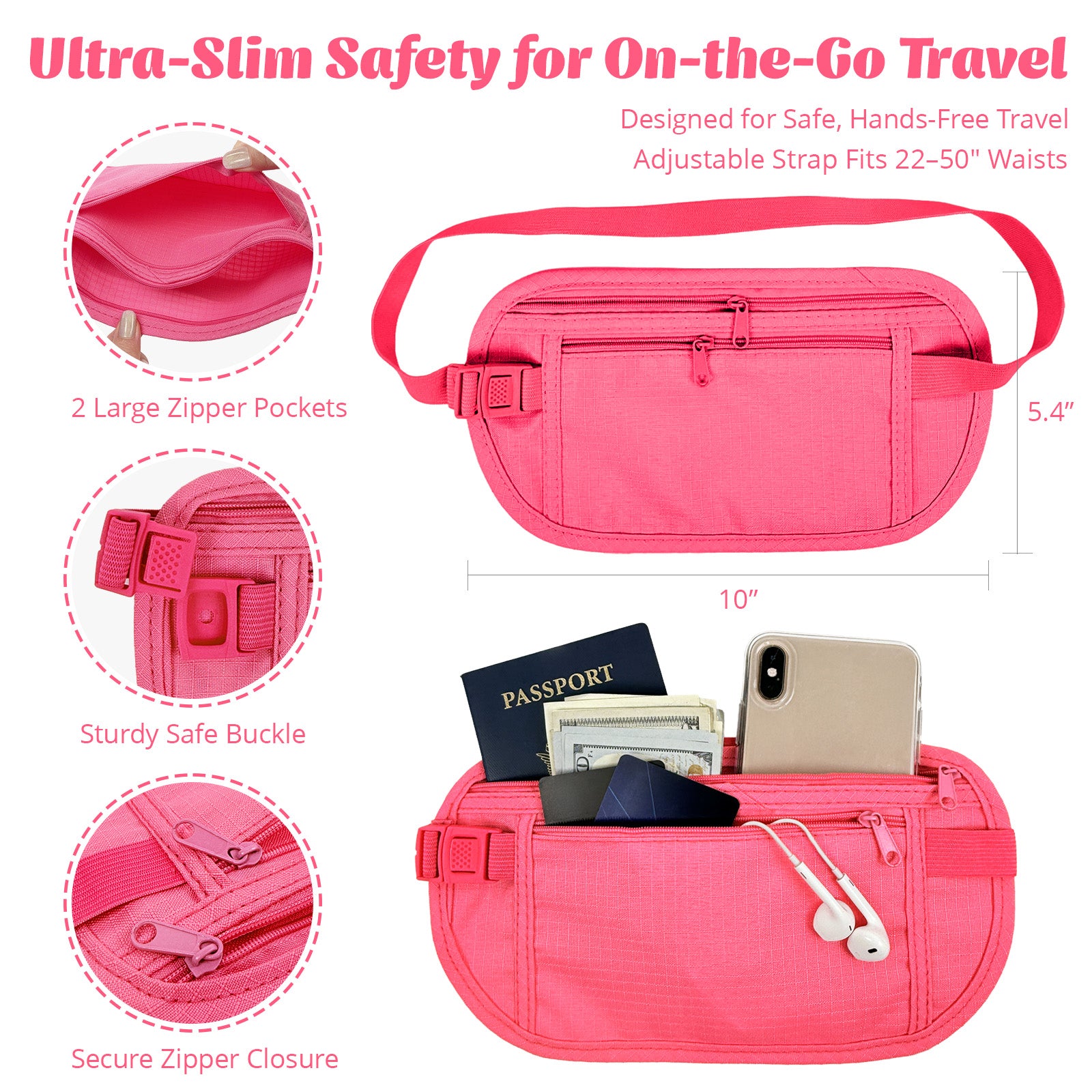 Wrapables Slim Fanny Pack, Hidden Money Belt, Secure Travel Pouch Protects Cash, Cards, Passport, Travel Documents, and Smartphone