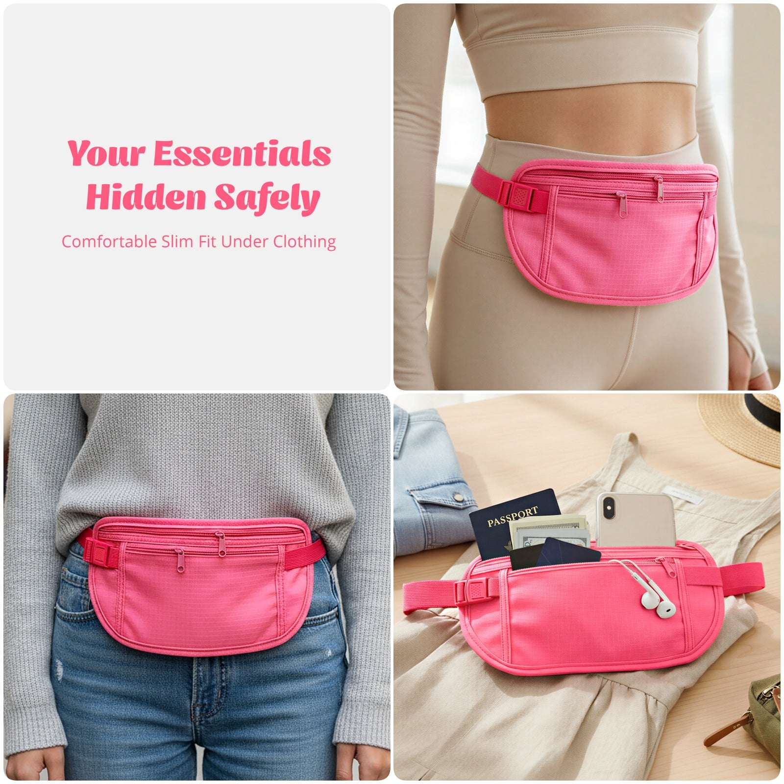 Wrapables Slim Fanny Pack, Hidden Money Belt, Secure Travel Pouch Protects Cash, Cards, Passport, Travel Documents, and Smartphone