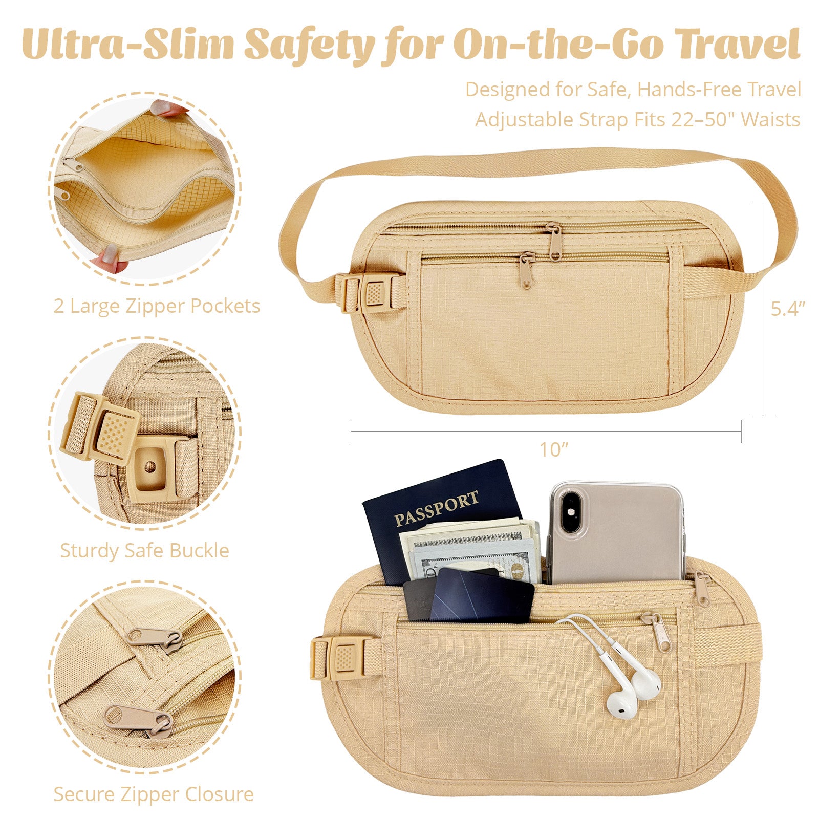 Wrapables Slim Fanny Pack, Hidden Money Belt, Secure Travel Pouch Protects Cash, Cards, Passport, Travel Documents, and Smartphone