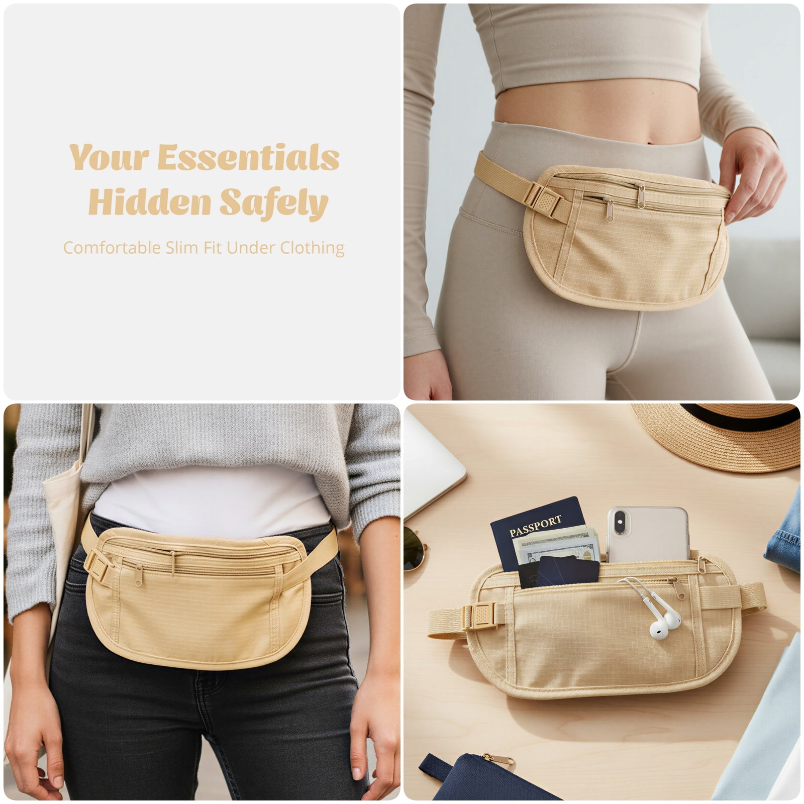 Wrapables Slim Fanny Pack, Hidden Money Belt, Secure Travel Pouch Protects Cash, Cards, Passport, Travel Documents, and Smartphone