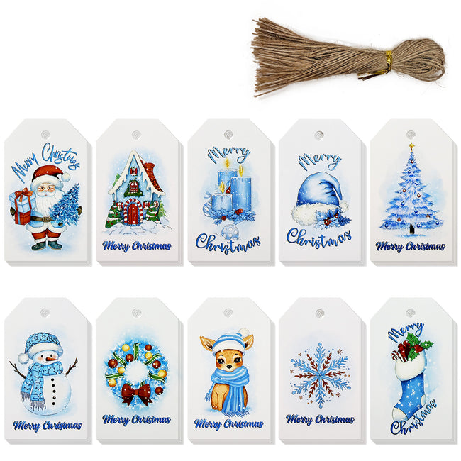 Wrapables Jovial Magic Christmas Holiday Gift Tags for Gift-Wrapping, Labeling, Package Decoration with Jute String (50pcs), Ice Blue
