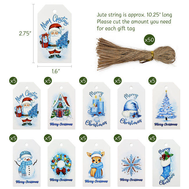 Wrapables Jovial Magic Christmas Holiday Gift Tags for Gift-Wrapping, Labeling, Package Decoration with Jute String (50pcs), Ice Blue