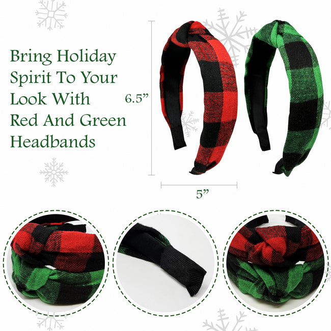 Wrapables Wide Knotted Headbands, Top Knot Headbands for Women, 2pc Red/Green