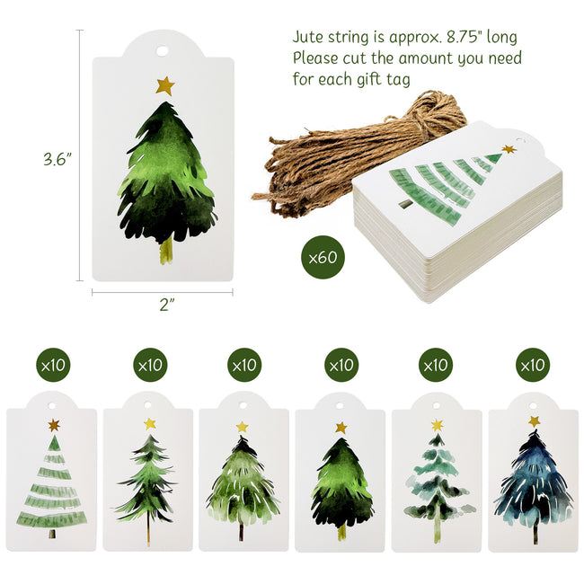 Wrapables Christmas Trees Holiday Gift Tags for Gift-Wrapping, Labeling, Package Decoration with Jute String (60pcs)