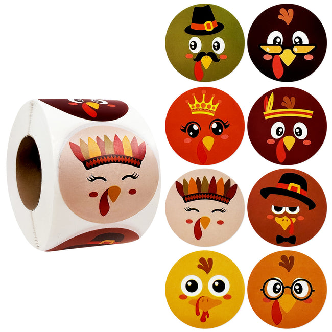 Wrapables 1.5 Inch Thanksgiving Sticker Roll, Autumn Holiday Stickers for Sealing Cards, Envelopes, Gift Boxes, Party Favors (500pcs), Turkey Face