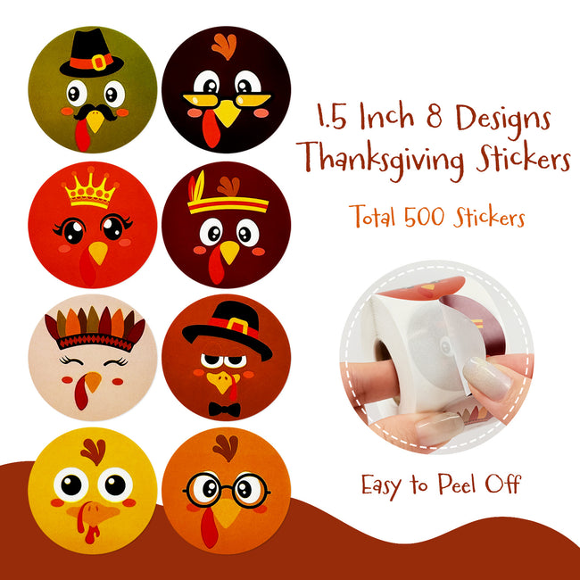 Wrapables 1.5 Inch Thanksgiving Sticker Roll, Autumn Holiday Stickers for Sealing Cards, Envelopes, Gift Boxes, Party Favors (500pcs), Turkey Face
