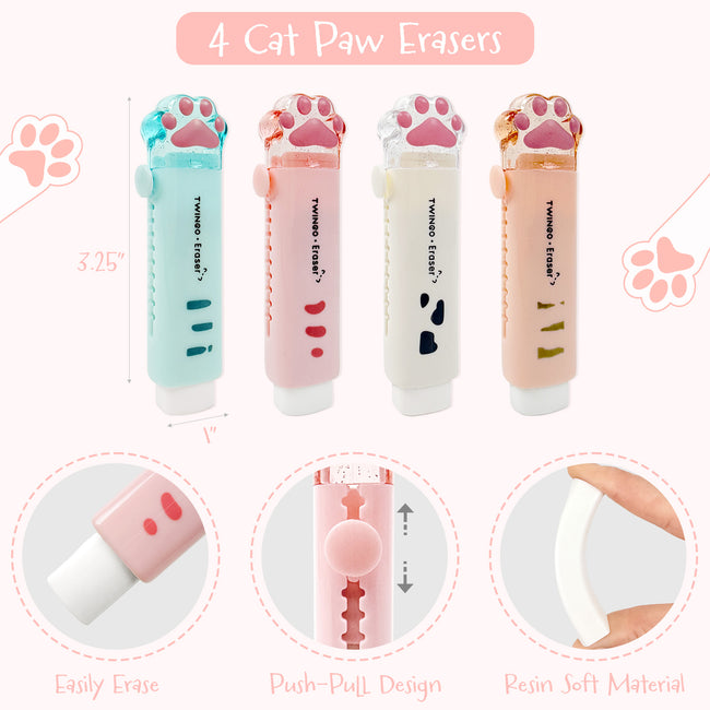 Wrapables Cat Paw Retractable Erasers, Push-Pull Design, Stationery Office Supplies (Set of 4), Pastel