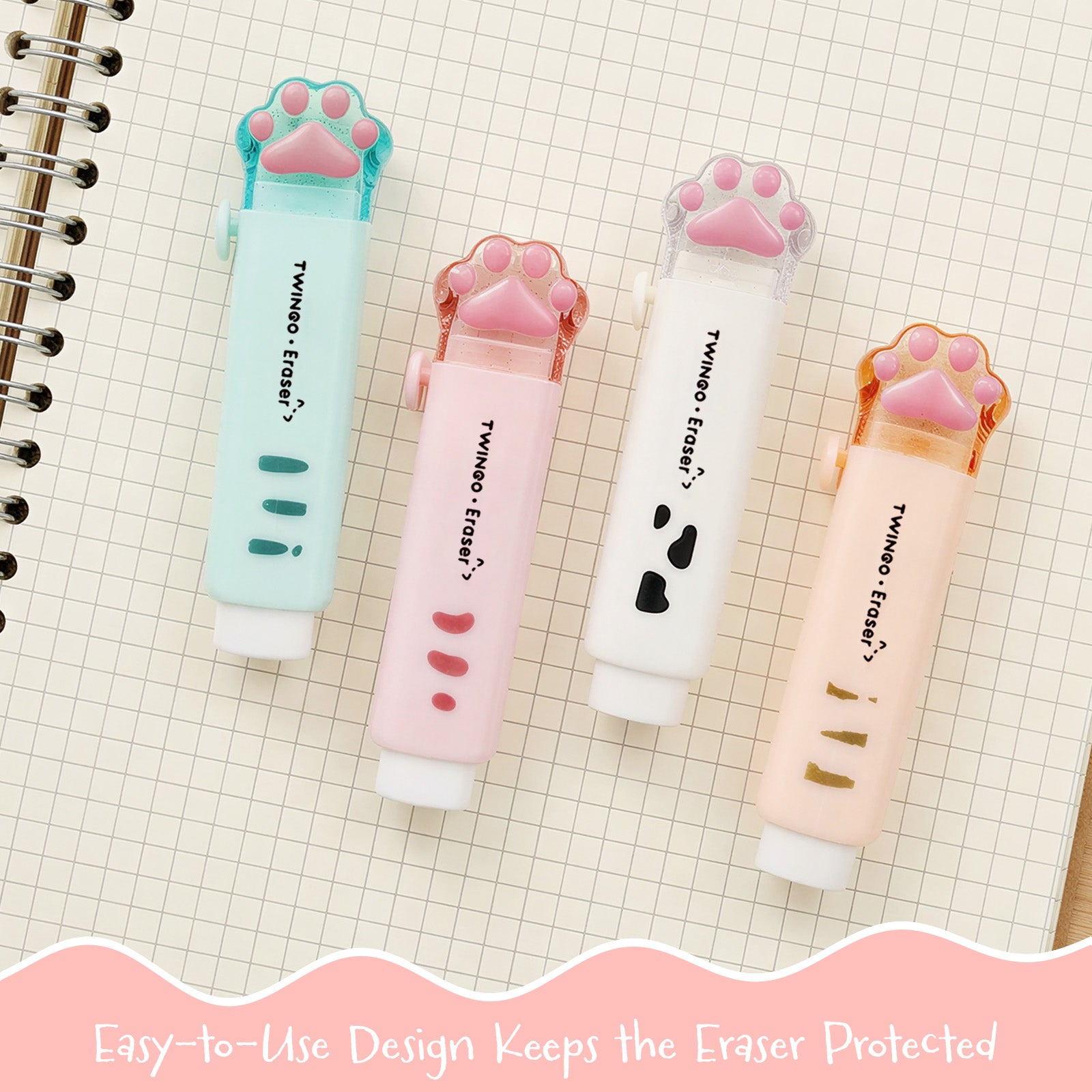 Wrapables Cat Paw Retractable Erasers, Push-Pull Design, Stationery Office Supplies (Set of 4), Pastel