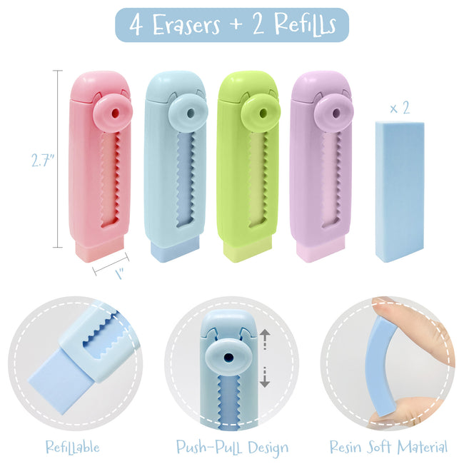 Wrapables Retractable Pastel Erasers with Refills, Set of 4 Erasers + 2 Refills, Push-Pull Design, Stationery Office Supplies