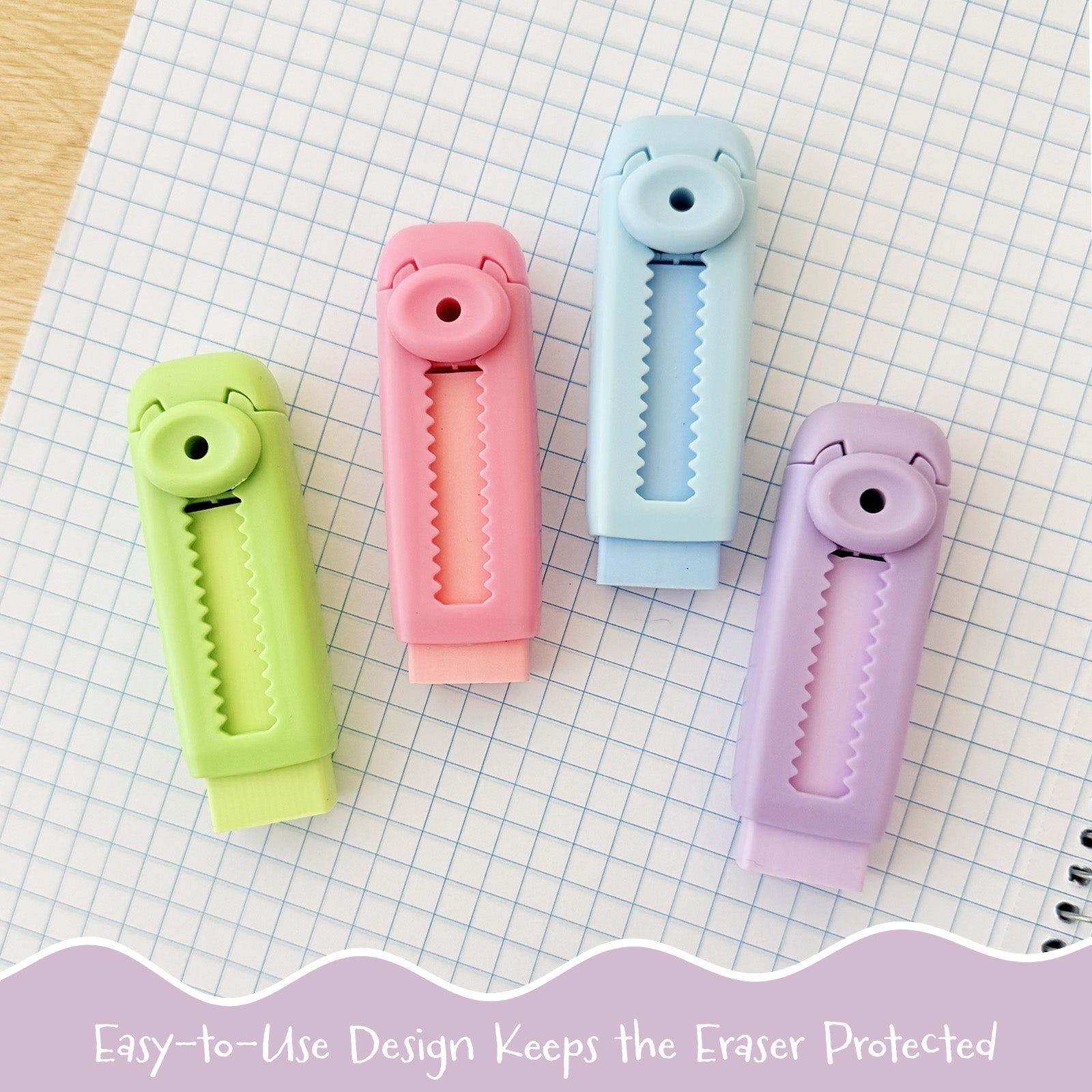 Wrapables Retractable Pastel Erasers with Refills, Set of 4 Erasers + 2 Refills, Push-Pull Design, Stationery Office Supplies