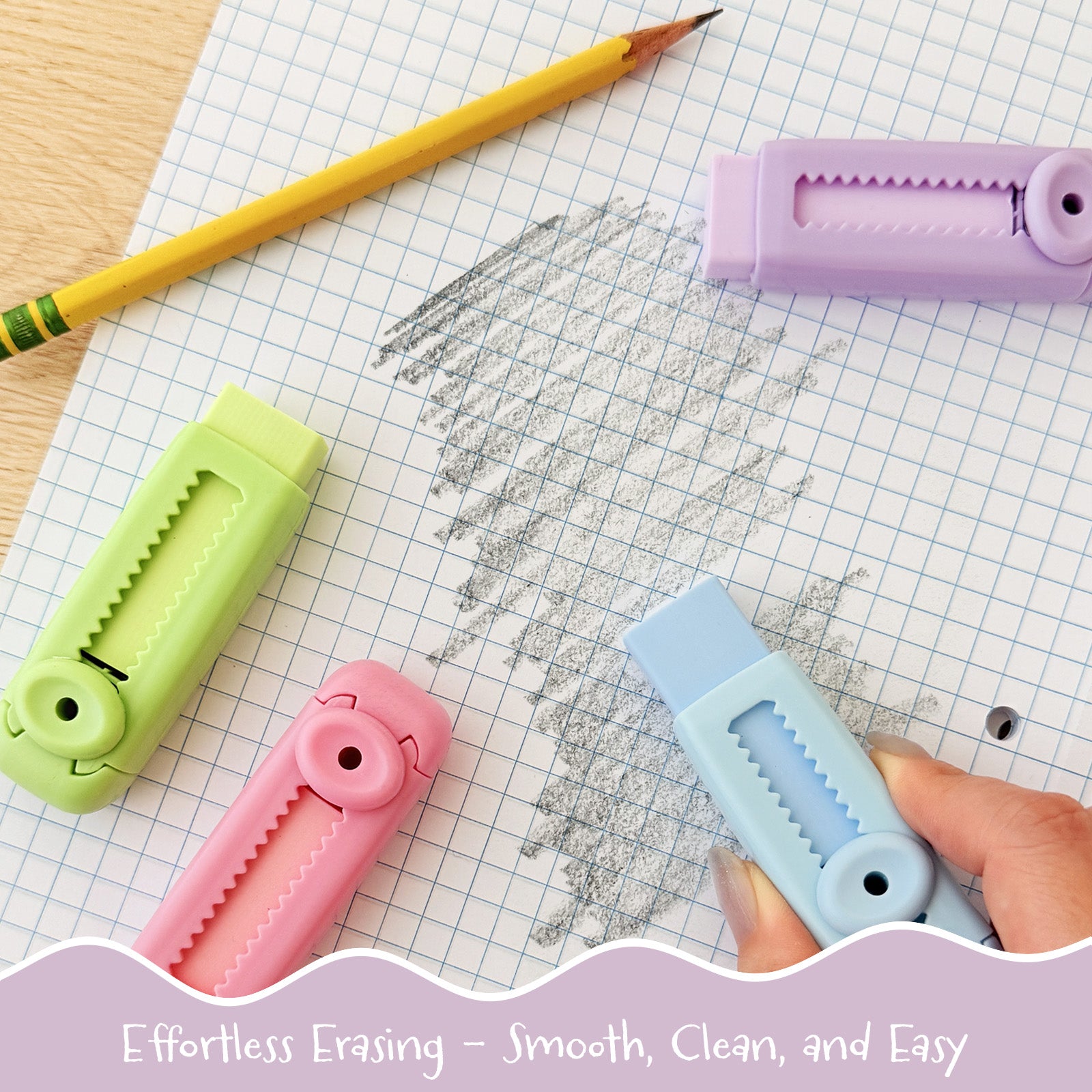 Wrapables Retractable Pastel Erasers with Refills, Set of 4 Erasers + 2 Refills, Push-Pull Design, Stationery Office Supplies