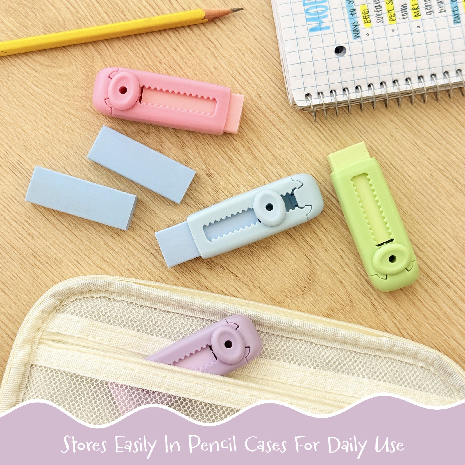 Wrapables Retractable Pastel Erasers with Refills, Set of 4 Erasers + 2 Refills, Push-Pull Design, Stationery Office Supplies