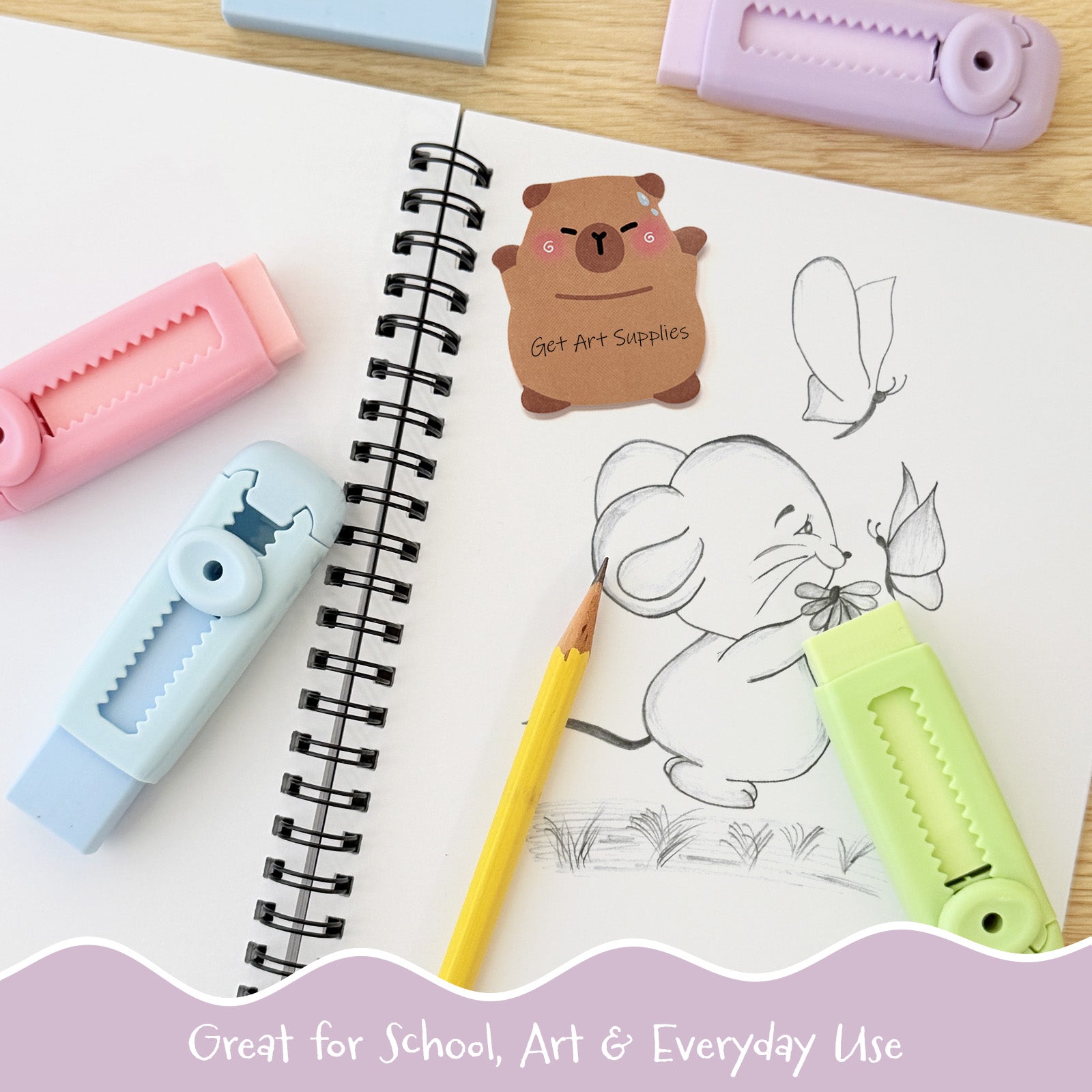 Wrapables Retractable Pastel Erasers with Refills, Set of 4 Erasers + 2 Refills, Push-Pull Design, Stationery Office Supplies