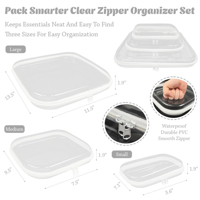 Wrapables Transparent Hard Shell Zipper Case, Clear Travel Storage Organizer for Snacks, Toiletries, Makeup, and Cosmetics (Set of 3)