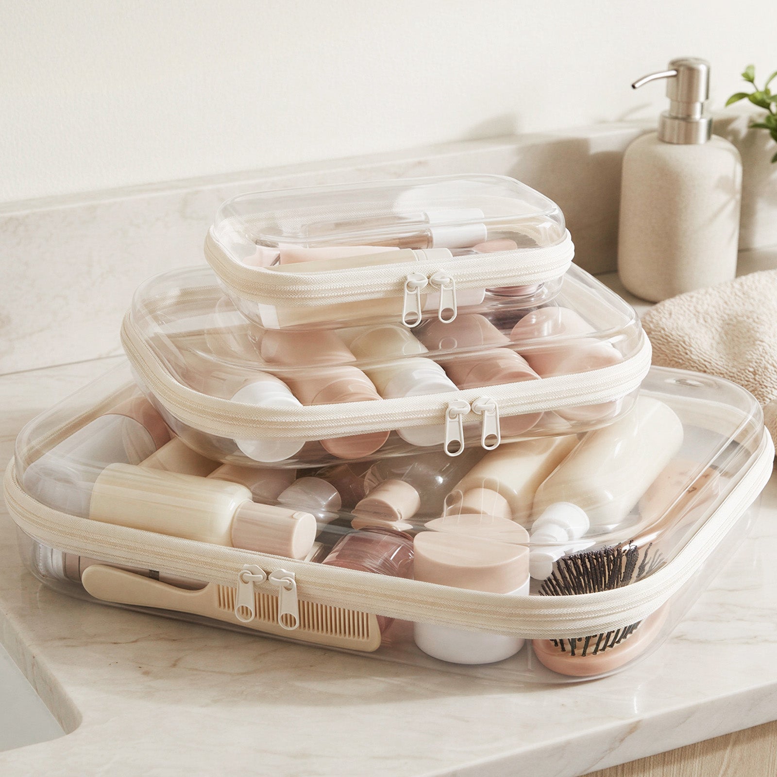 Wrapables Transparent Hard Shell Zipper Case, Clear Travel Storage Organizer for Snacks, Toiletries, Makeup, and Cosmetics (Set of 3)