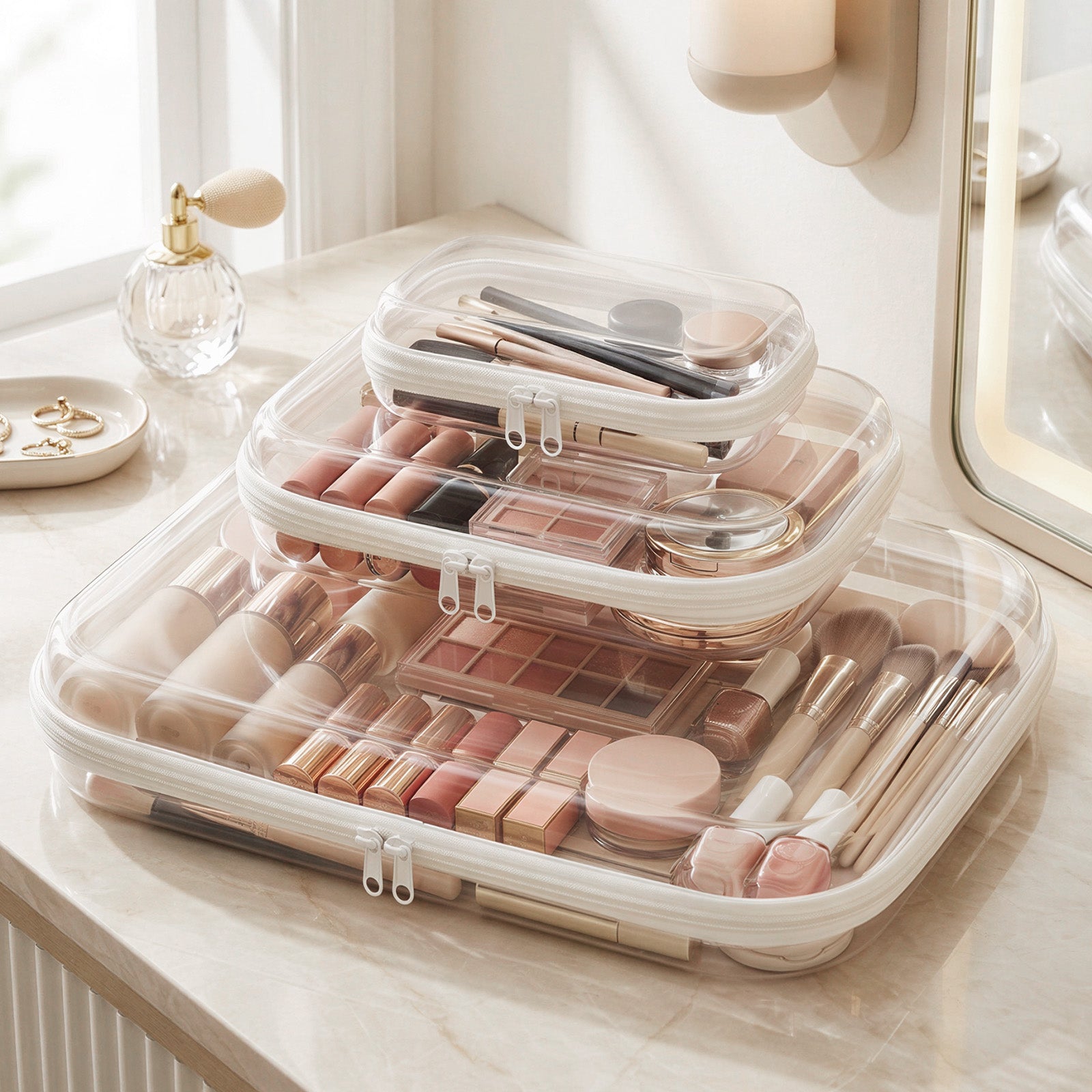 Wrapables Transparent Hard Shell Zipper Case, Clear Travel Storage Organizer for Snacks, Toiletries, Makeup, and Cosmetics (Set of 3)