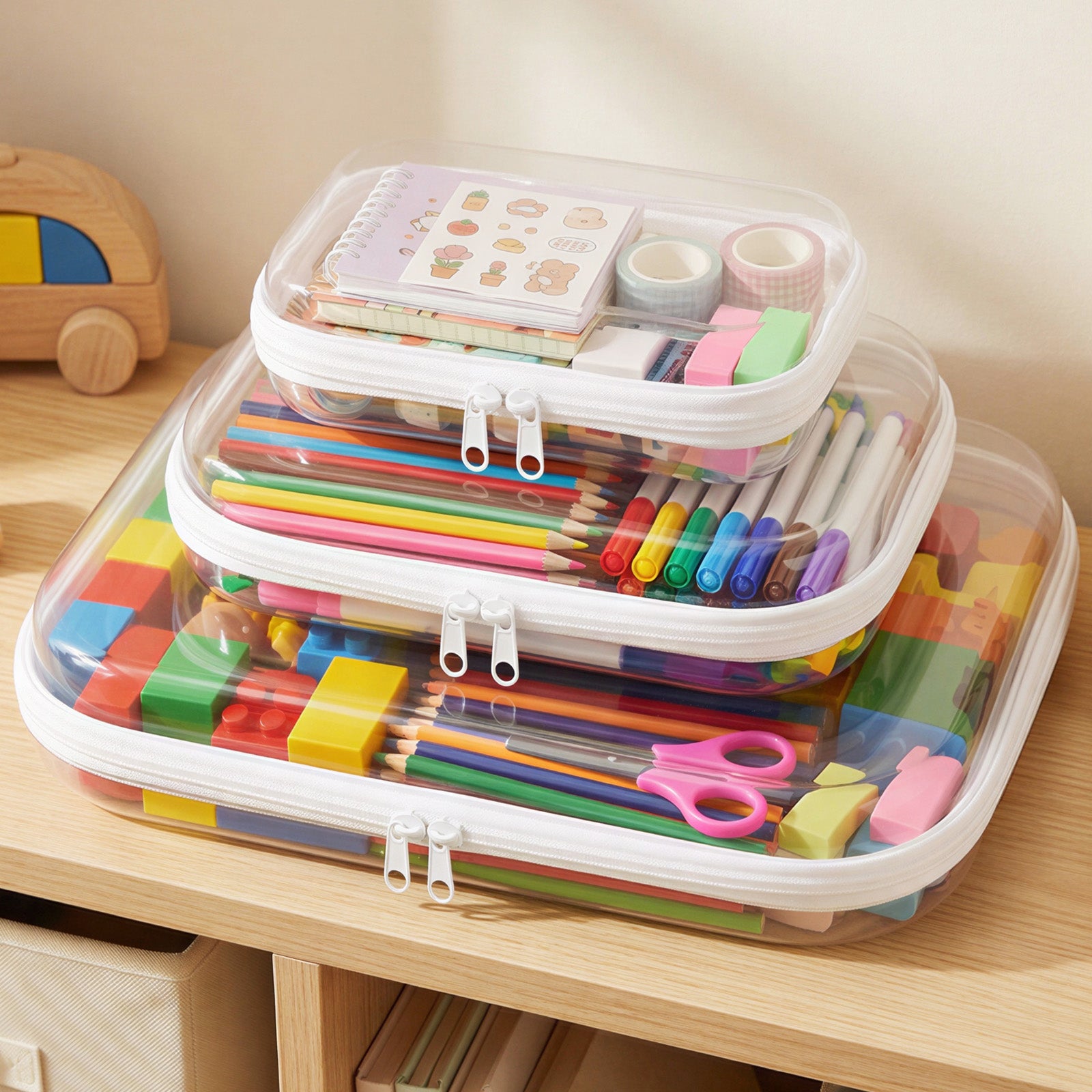 Wrapables Transparent Hard Shell Zipper Case, Clear Travel Storage Organizer for Snacks, Toiletries, Makeup, and Cosmetics (Set of 3)