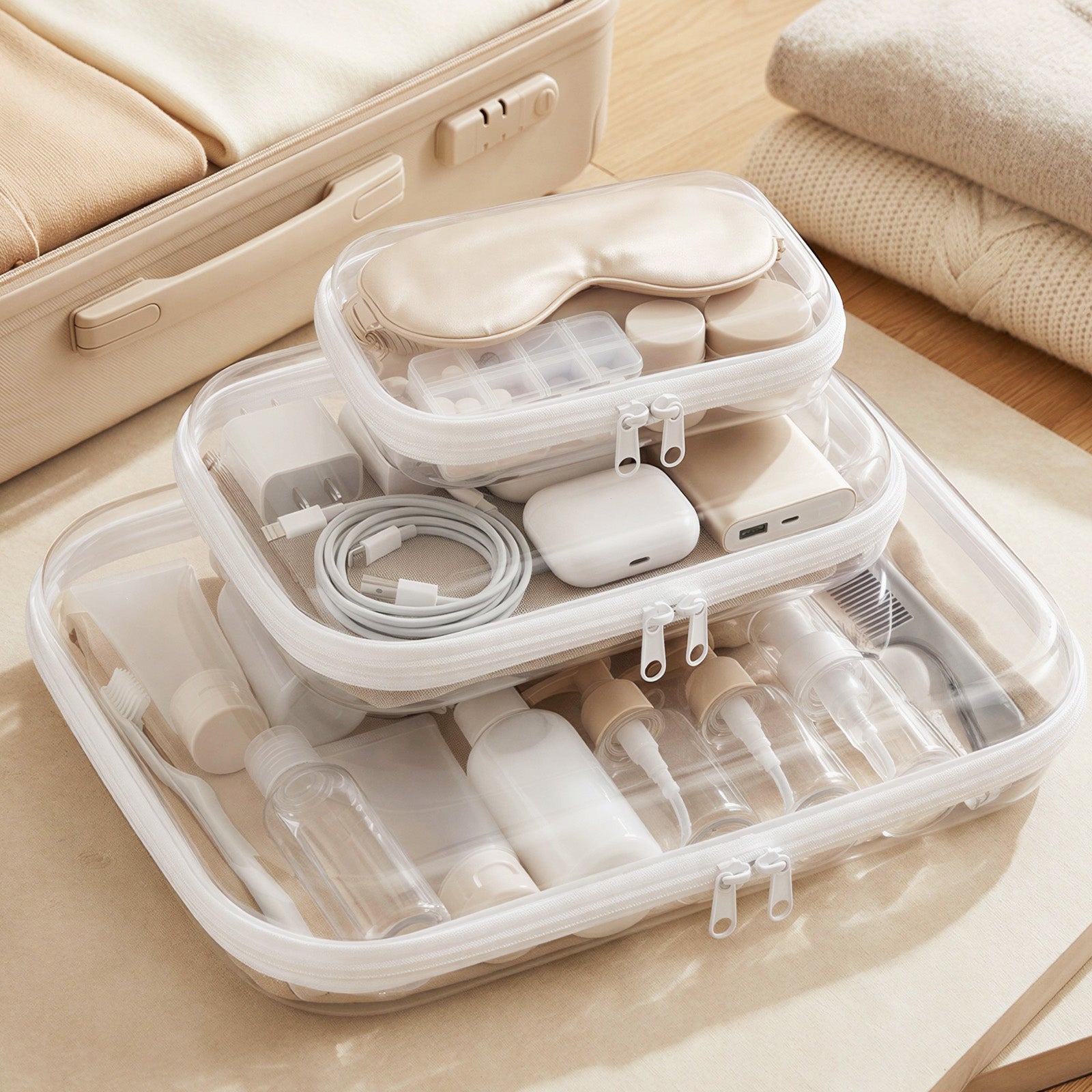 Wrapables Transparent Hard Shell Zipper Case, Clear Travel Storage Organizer for Snacks, Toiletries, Makeup, and Cosmetics (Set of 3)