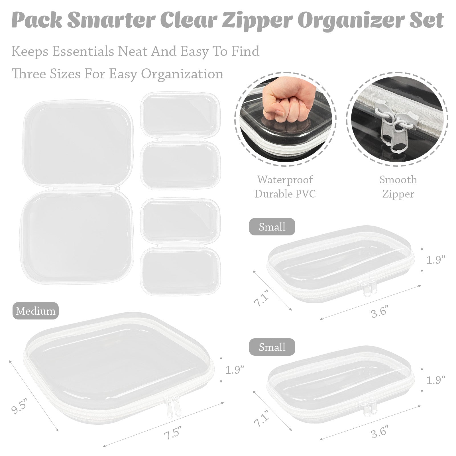 Wrapables Transparent Hard Shell Zipper Case, Clear Travel Storage Organizer for Snacks, Toiletries, Makeup, and Cosmetics (Set of 3)