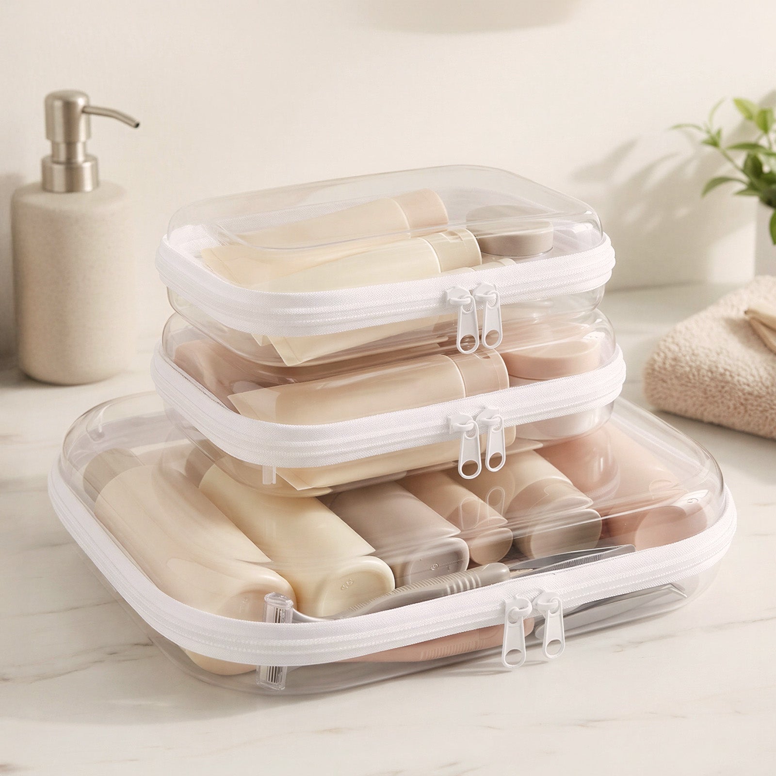 Wrapables Transparent Hard Shell Zipper Case, Clear Travel Storage Organizer for Snacks, Toiletries, Makeup, and Cosmetics (Set of 3)