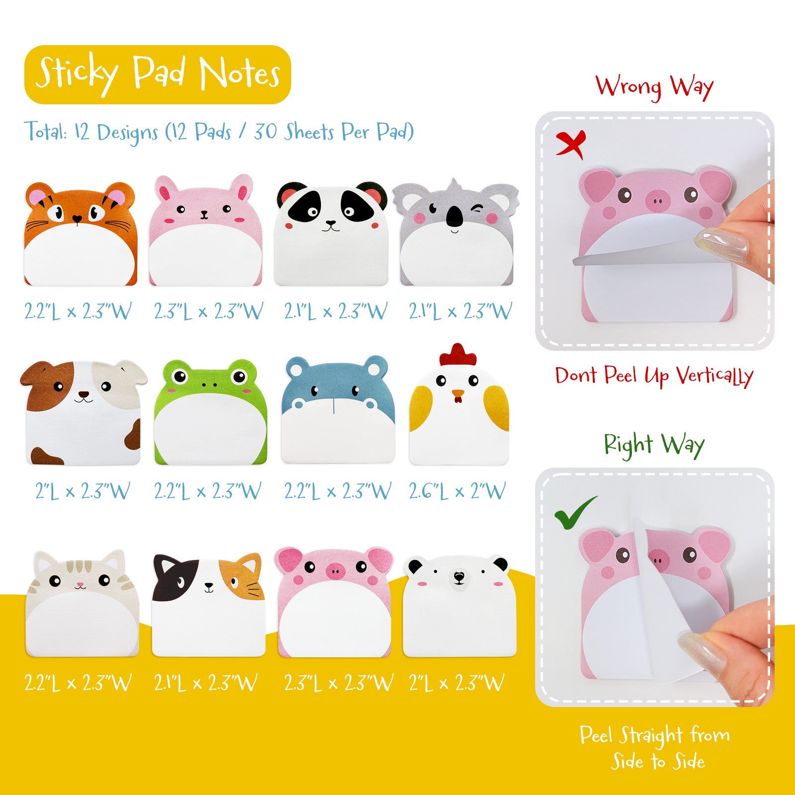 Wrapables Cute Talking Cartoon Animals Sticky Notes, Adhesive Memo Notepads for Home, Office, Work (Set of 12)