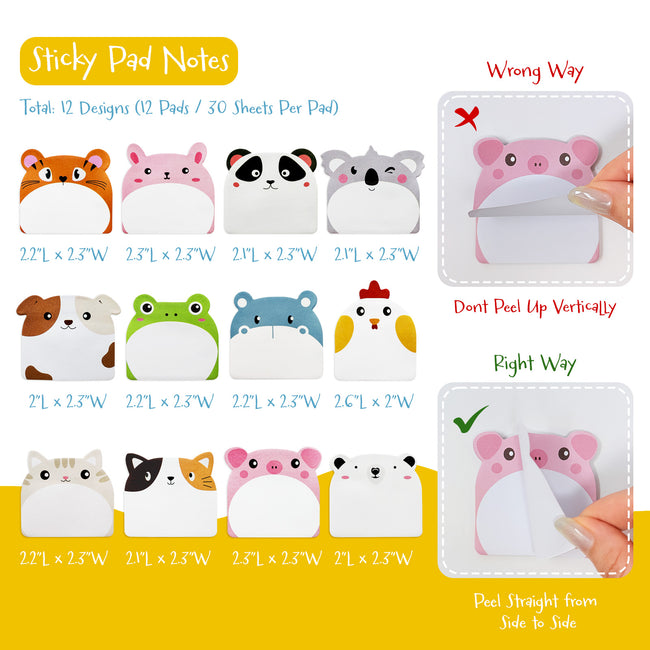 Wrapables Cute Talking Cartoon Animals Sticky Notes, Adhesive Memo Notepads for Home, Office, Work (Set of 12)