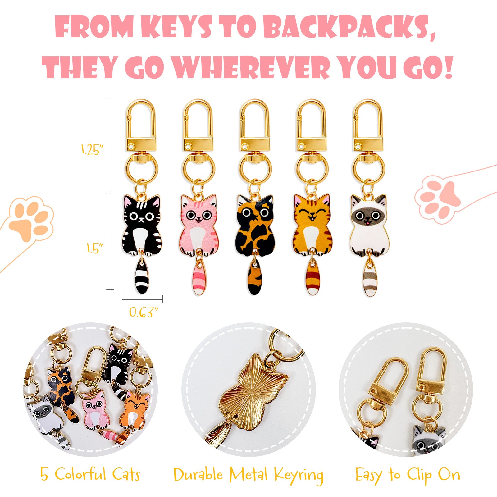 Wrapables Cute Cats Keychain, Bag Charm Accessory for Purse Handbag Backpack (Set of 5)