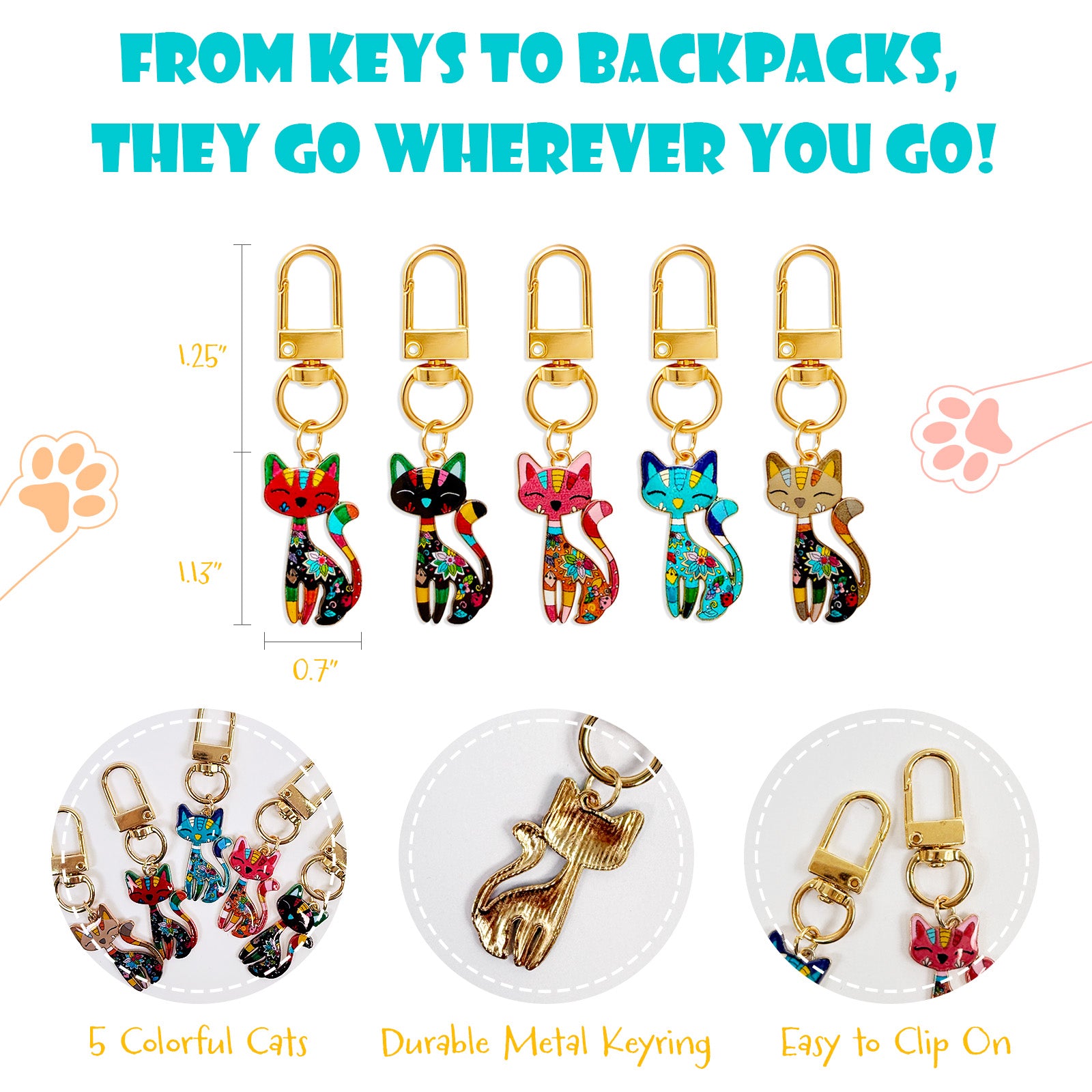 Wrapables Colorful Cats Keychain, Bag Charm Accessory for Purse Handbag Backpack (Set of 5)