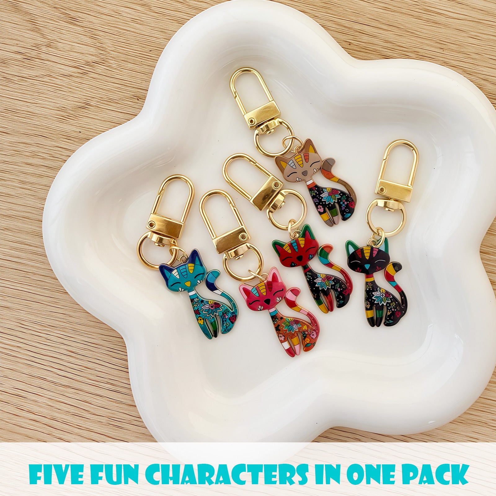 Wrapables Colorful Cats Keychain, Bag Charm Accessory for Purse Handbag Backpack (Set of 5)