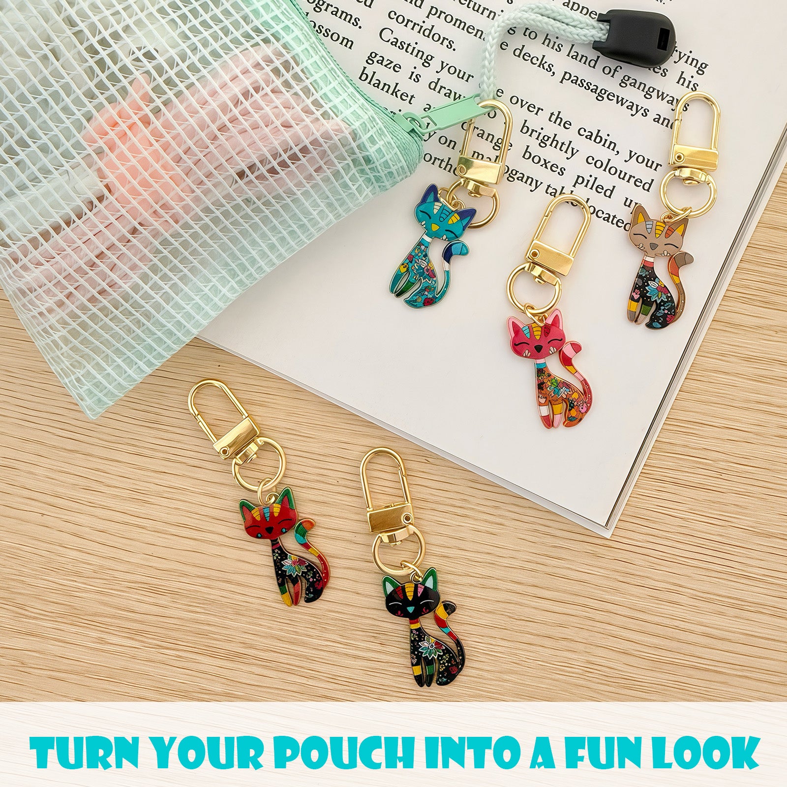 Wrapables Colorful Cats Keychain, Bag Charm Accessory for Purse Handbag Backpack (Set of 5)