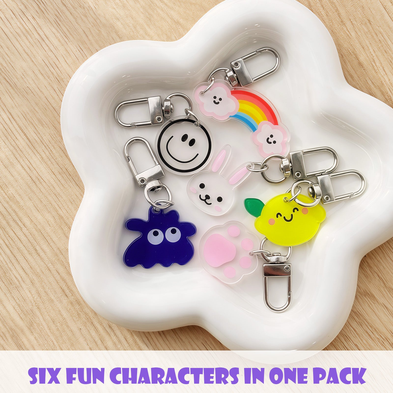 Wrapables Assorted Novelty Characters Keychain, Bag Charm Accessory for Purse Handbag Backpack (Set of 6)