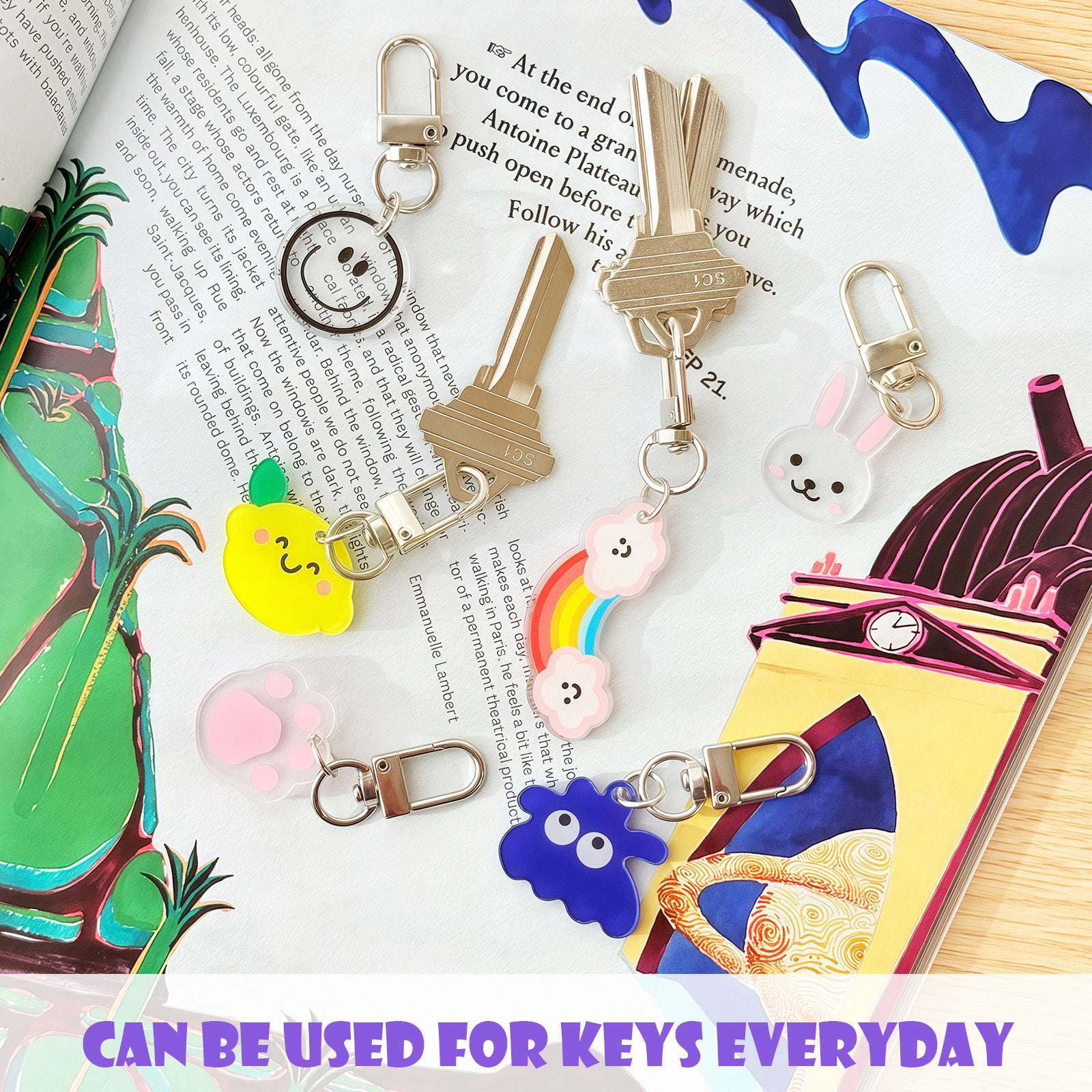 Wrapables Assorted Novelty Characters Keychain, Bag Charm Accessory for Purse Handbag Backpack (Set of 6)