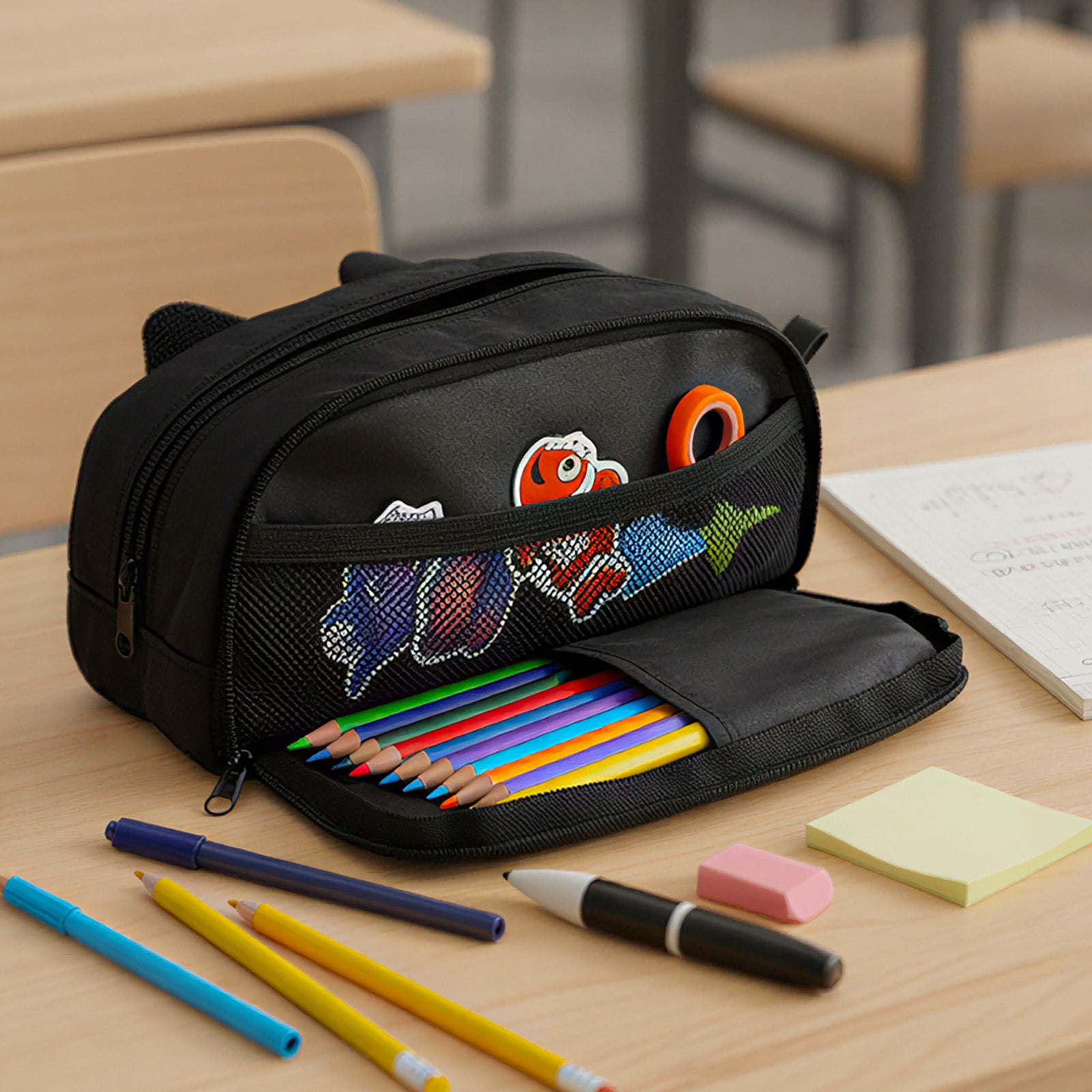 Wrapables 3D Animal Face Pencil Case, Large Capacity 2 Compartment Pencil Pouch for Stationery Tools