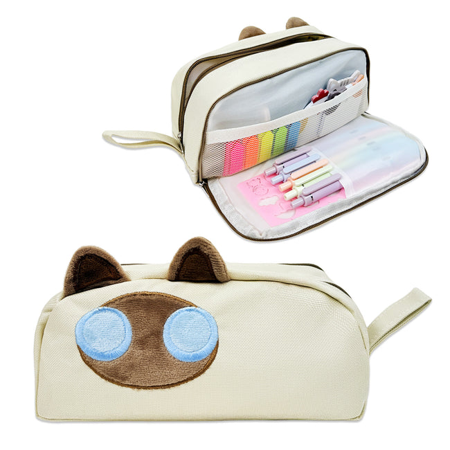 Wrapables 3D Cat Design Pencil Case, Large Capacity 2 Compartment Pencil Pouch for Stationery Tools