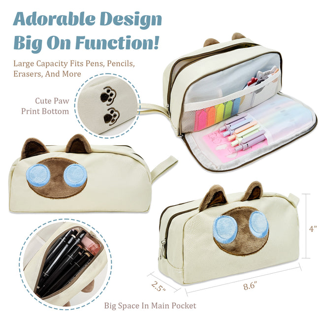 Wrapables 3D Cat Design Pencil Case, Large Capacity 2 Compartment Pencil Pouch for Stationery Tools