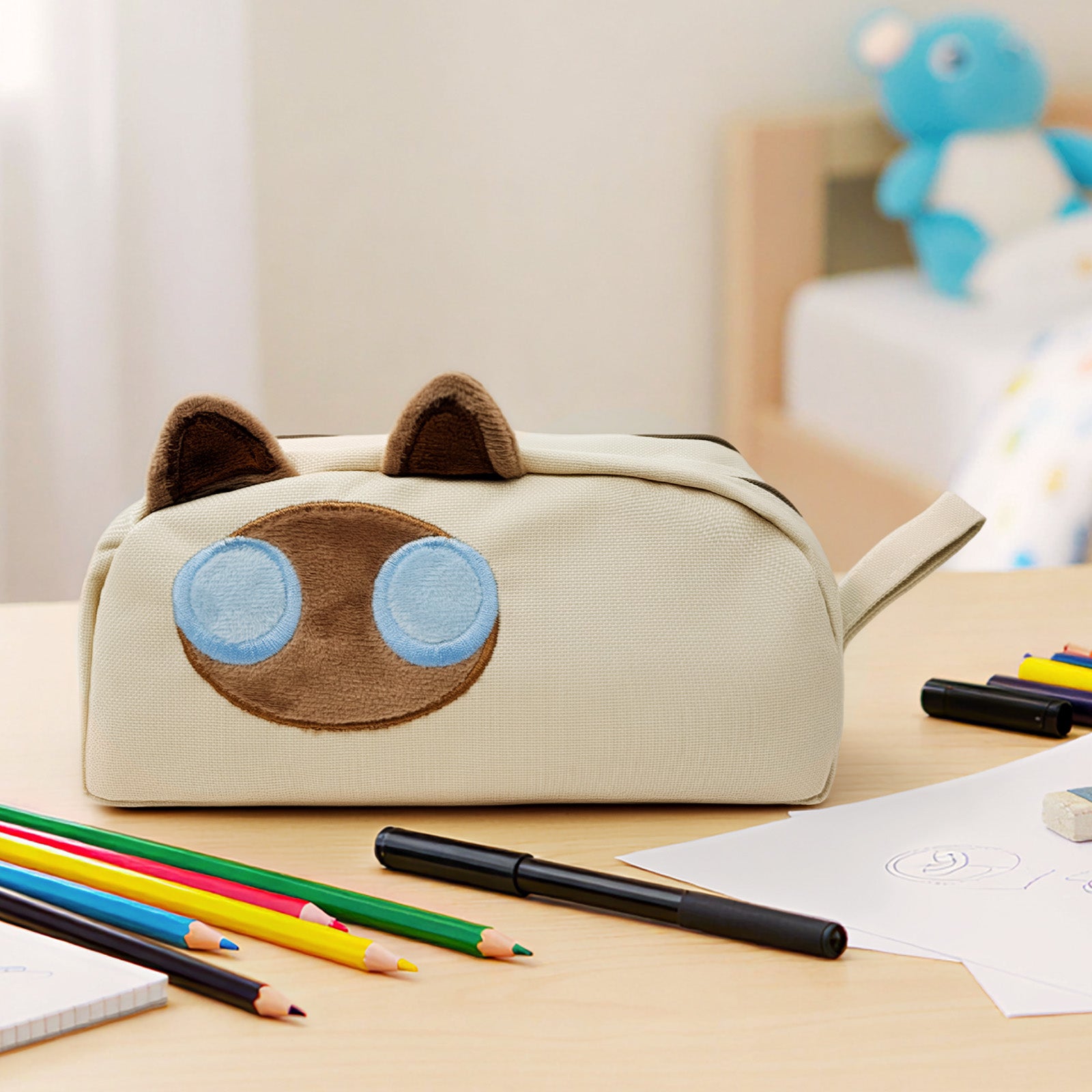 Wrapables 3D Cat Design Pencil Case, Large Capacity 2 Compartment Pencil Pouch for Stationery Tools