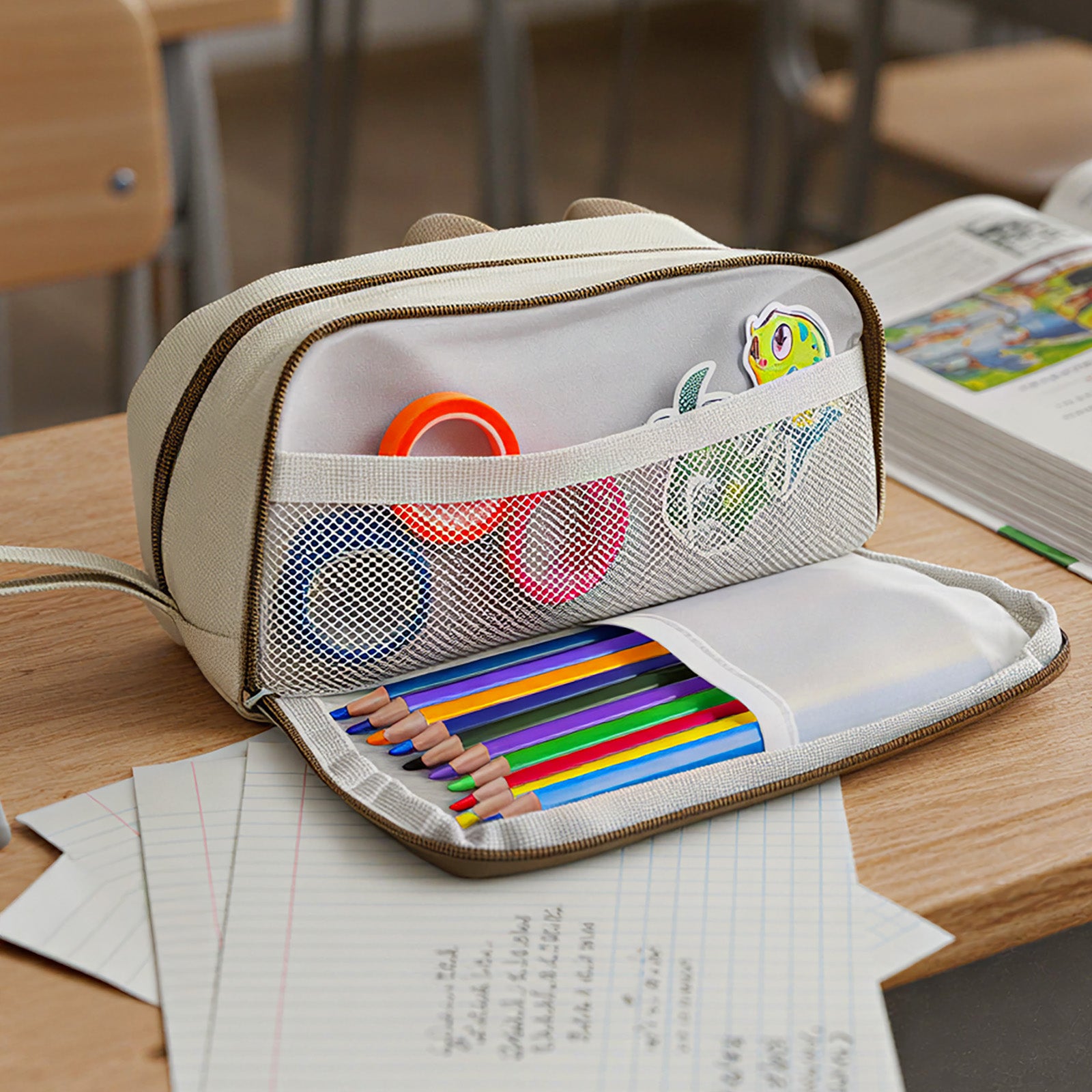 Wrapables 3D Cat Design Pencil Case, Large Capacity 2 Compartment Pencil Pouch for Stationery Tools