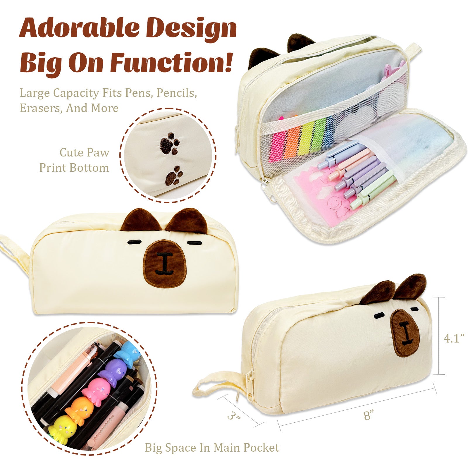 Wrapables 3D Animal Face Pencil Case, Large Capacity 2 Compartment Pencil Pouch for Stationery Tools