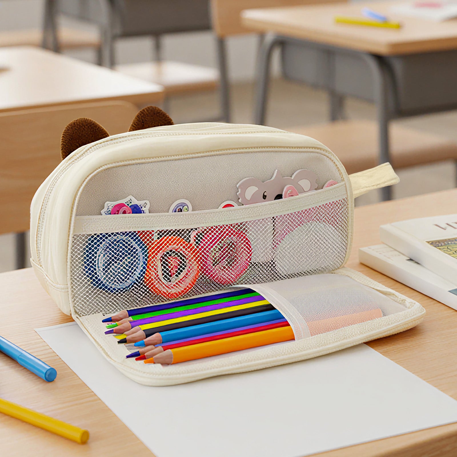 Wrapables 3D Animal Face Pencil Case, Large Capacity 2 Compartment Pencil Pouch for Stationery Tools