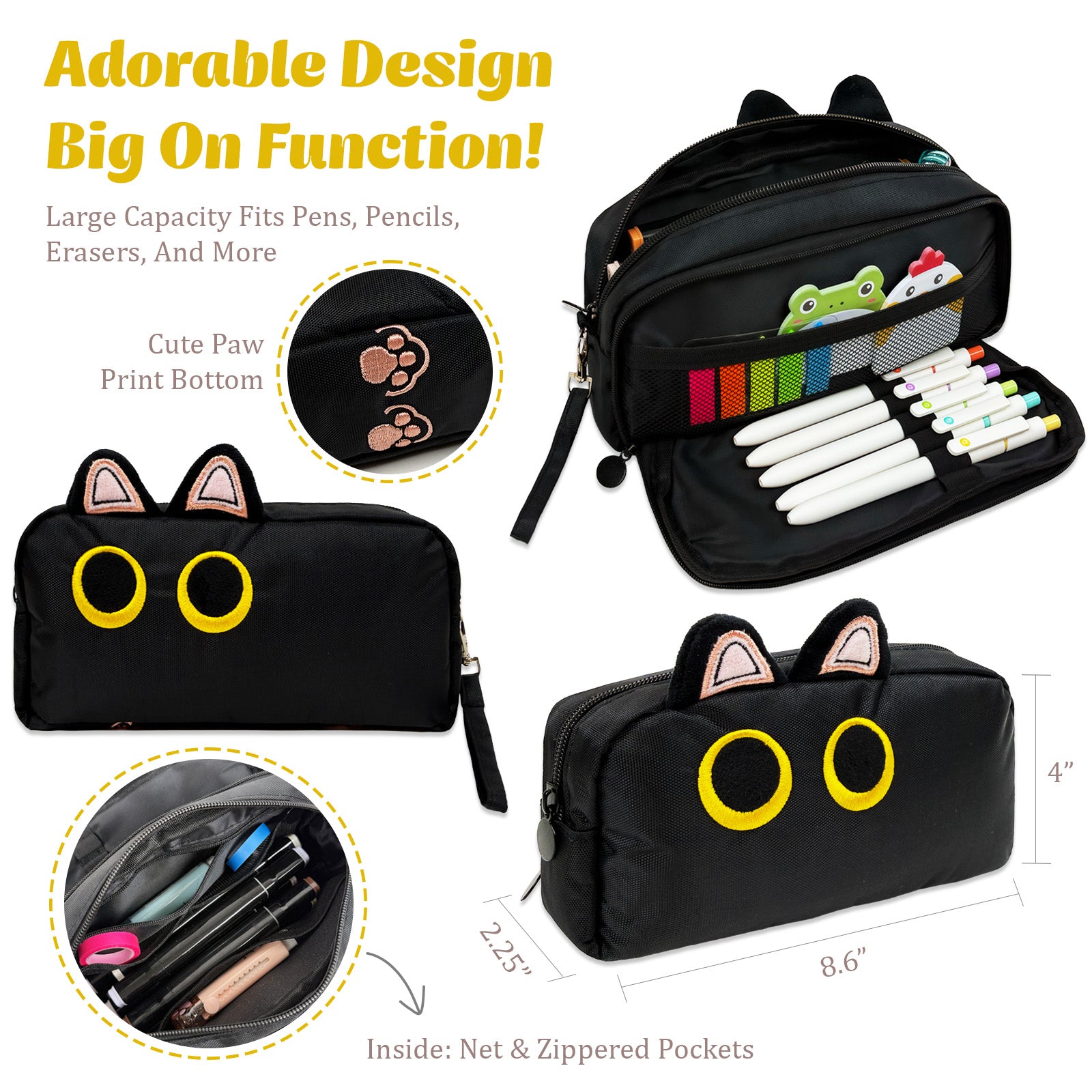 Wrapables 3D Cat Design Pencil Case, Large Capacity 2 Compartment Pencil Pouch for Stationery Tools