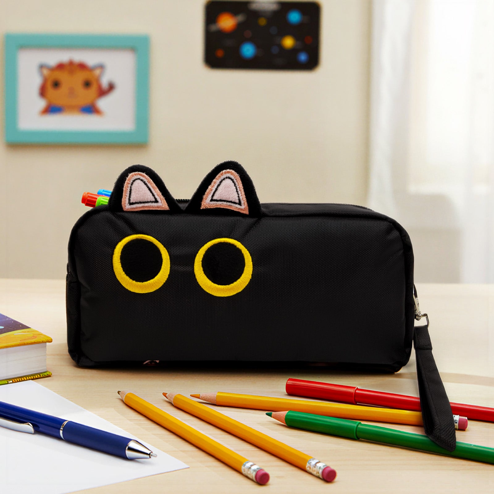 Wrapables 3D Cat Design Pencil Case, Large Capacity 2 Compartment Pencil Pouch for Stationery Tools