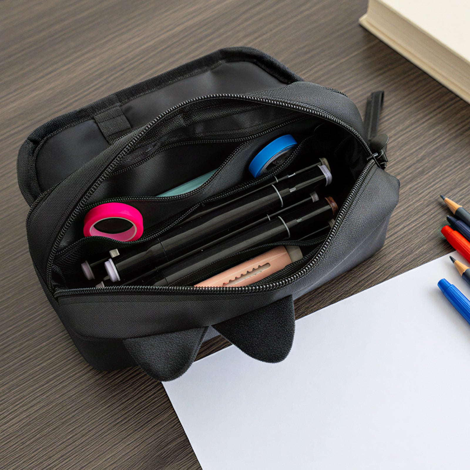 Wrapables 3D Cat Design Pencil Case, Large Capacity 2 Compartment Pencil Pouch for Stationery Tools